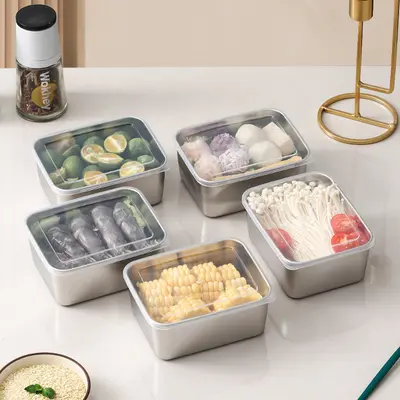 Gemüsebox aus Edelstahl, versiegelte Lunchbox, Kühlschrank-Lebensmittel- und Obst-Lunchbox quadratische Box