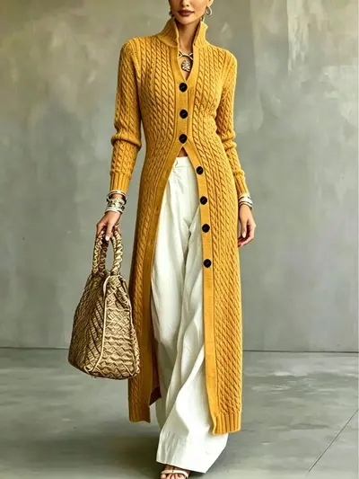 Damen-Strickjacke mit Knöpfen, lang, lässiger langer Mantel