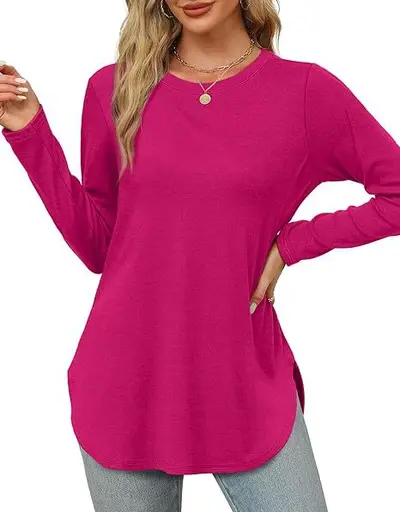 Women's Solid Color Long Sleeve Round Neck Loose Casual Top - 12