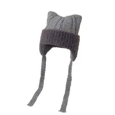 Korean-Style 3D Cat Ear Knit Hat for Women, Soft and Warm