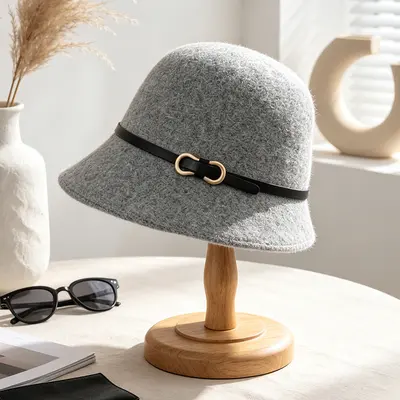 Korean-Style Wool Fisherman Hat, Metal Ring Leather Belt Buckle - 10
