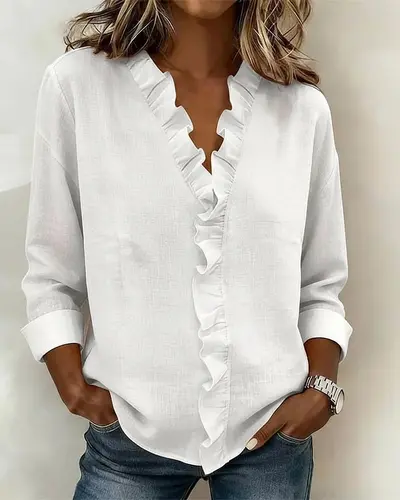 Women's Ruffled Edge Long Sleeve Cotton Shirt, Spring Style - 7