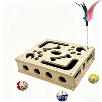 Solid Wood Maze Cat Toy, Square Self-Play Puzzle Box - 8