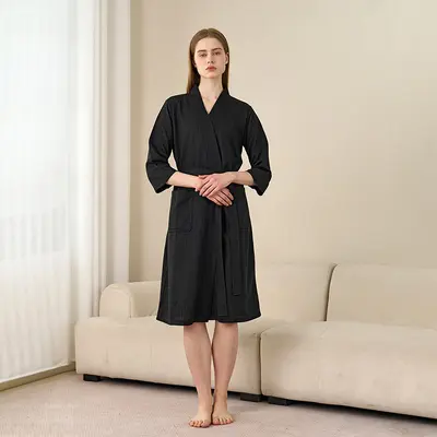 Frühlings- und Sommerbademantel für Frauen, dünner Waffel-Doppel-Nachthemd für Männer und Frauen, sommerlicher dreiviertellanger Ärmel koreanischer Stil Bademantel, absorbierend - 9