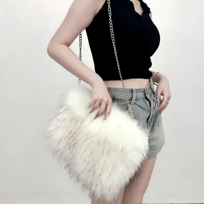 Plush Handbag with Faux Fur Underarm and Chain Evening Bag - 5