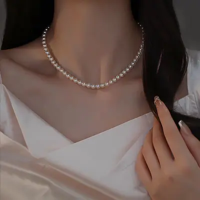 Pearl necklace, women's, double layer, clavicle, delicate chain - 12