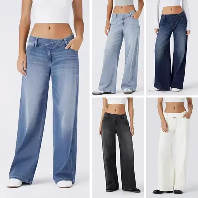 Kadın Denim Bol Paça Pantolon Retro Gevşek Kesim Yüksek Bel