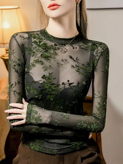 Sexy Damen-Spitzenbluse mit Stehkragen, transparenter Netzstoff, schmal geschnitten