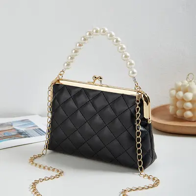 Embroidered Pearl Handbag with Diamond Quilting - 6