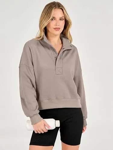 Henley Collar Long Sleeve Sweatshirt, Soft Casual Fit, Autumn Winter
