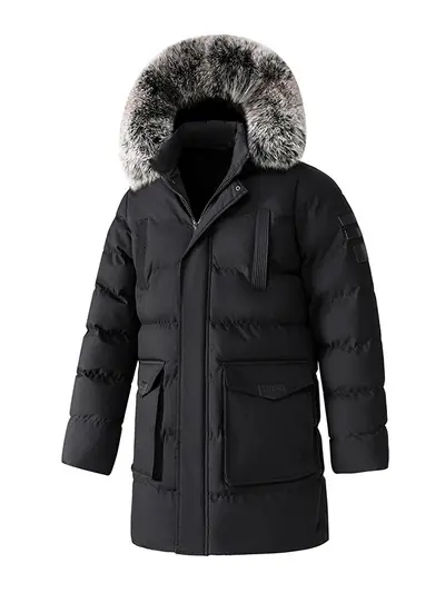 Winter-Neuheit Herren Mantel mittellang mit Pelzkragen, verdickt, mit Kapuze, große Größen, locker geschnittene Wattejacke, warm, Winterjacke