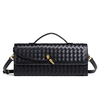 Single-Shoulder Baguette Bag, Woven Soft Leather Evening Bag - 7