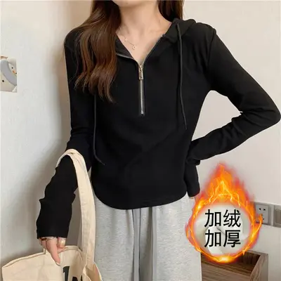 Women's Velvet Thickened Hooded Zip Sweater, Long Sleeve, Autumn Winter