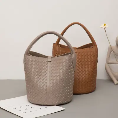 Genuine Leather Woven Bucket Bag for Women