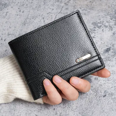 Men's Short Wallet, Litchi Pattern Soft Leather, Multi-Card Slots - 4
