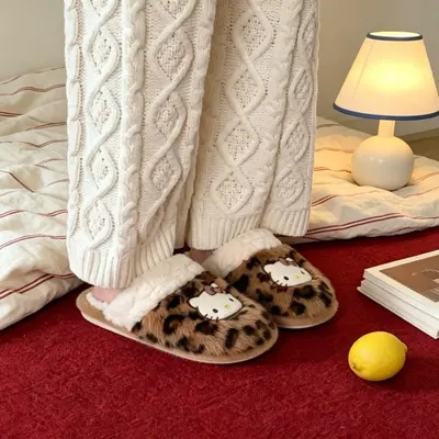 Leopard Print Kitty Fluffy Women's Slippers, Winter, Non-Slip Thick Sole - 4