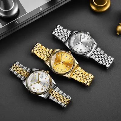 Diamond face steel band calendar watch for women, simple comfortable student fashion quartz gold set men's watch couple