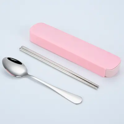 Besteckset, Komplett-Set aus Edelstahl Löffel und Essstäbchen, tragbares Besteckset, Essstäbchen und Löffel, dreiteiliges Messer- und Gabelset - 12