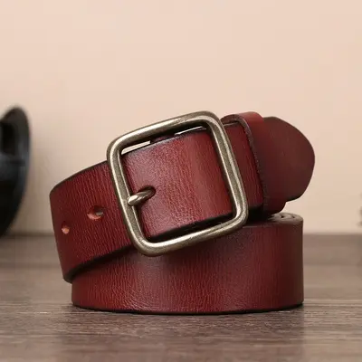 Vintage copper buckle men's belt washed denim belt genuine leather fashion pin buckle men's top grain cowhide belt authentic - 9