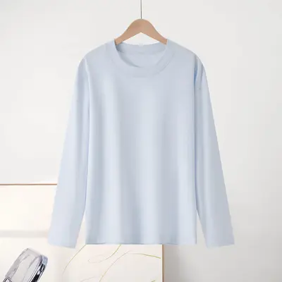 Women's 230g simple inner-lined shirt autumn long sleeve pure cotton right shoulder men's t-shirt round neck solid color double outfit wholesale - 10