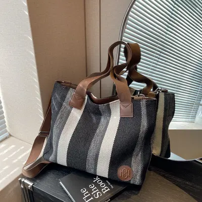 Large Capacity Women's Canvas Tote Bag, Korean Style, Vertical Stripes, Single Shoulder - 7