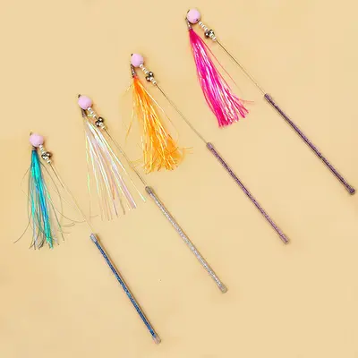 Colorful Rustling Paper Cat Teaser Wand with Feather, Bell and Plush Ball - 3