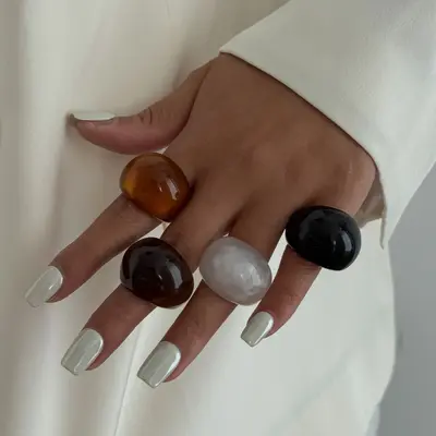 European and American cross-border transparent colored resin ring niche retro stacked curved wide finger ring - 3