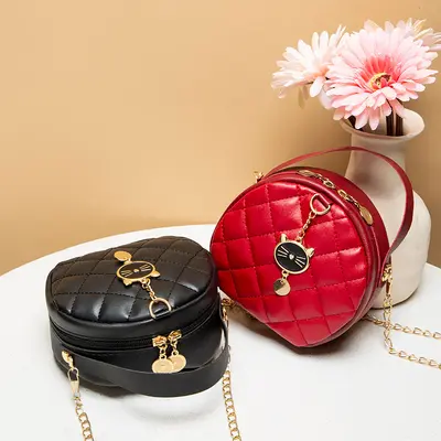 Diamond Quilted Mini Chain Women's Handbag, Small Round Bag - 3