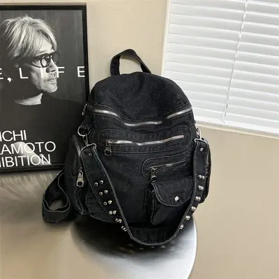Women's American Denim Backpack, Multi-Pocket, Motorcycle Style - 7