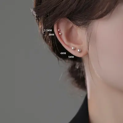 Kulakları delikli kadınlar için 925 gümüş küpeler, niş tasarımlı, iç spiral küçük küpeler, günlük çok yönlü çift başlı top boncuklu küpeler