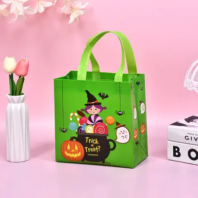 Halloween Non-Woven Shopping Bag, Pumpkin and Bat Design Kids Candy Gift Tote Bag