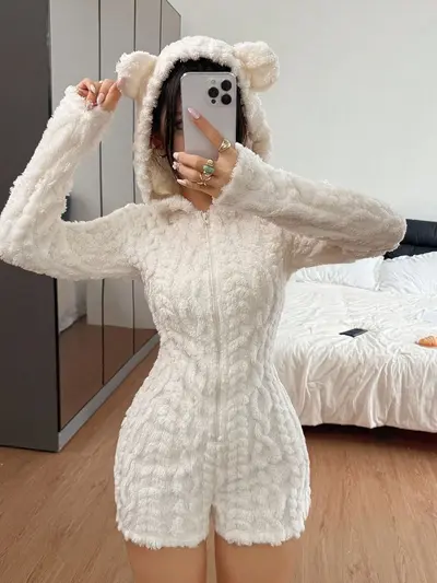 Women's Hooded Long Sleeve Plush Jumpsuit with Bow Pattern