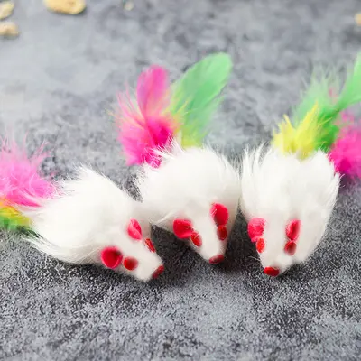 Squeaky Plush Mouse Cat Toy with Colorful Feathers - 7