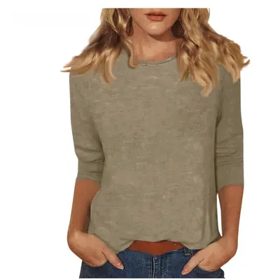2026 Cross-Border Amazon New Women's Round Neck T-Shirt, 3/4 Sleeve Solid Color Top