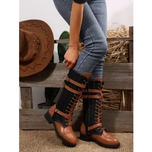 Women's Long Knight Boots with Buckle, Round Toe, Chunky Heel, Plus Size - 11