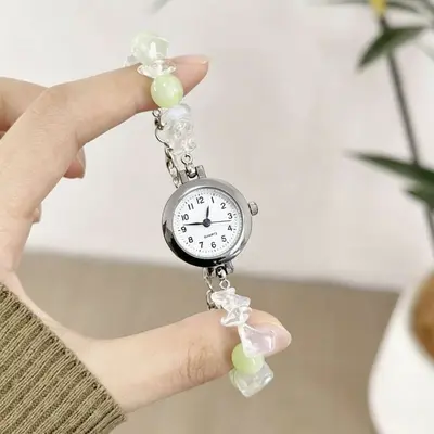 Crushed Gemstone Beaded Bracelet Watch for Women, Niche Fresh Instagram Style, Student Simple Quartz Watch, Adjustable Influencer New Style