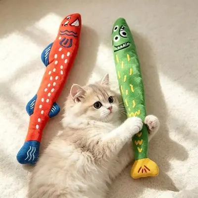 搞怪长条鱼猫玩具耐咬灯芯绒响纸发声自嗨磨牙逗猫棒宠物猫咪用品