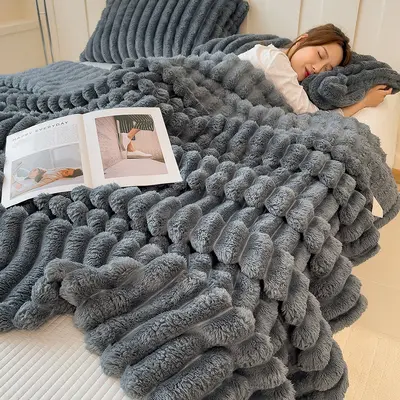 Rabbit Fur Plush Blanket, Thick Coral Fleece Winter Throw - 11