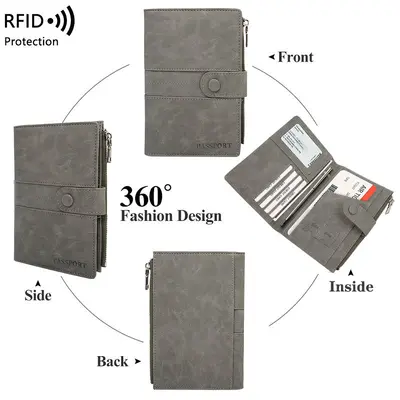 Sınır Ötesi Cilt Duyarlı Hırsızlık Önleyici RFID Pasaport Çantası Fermuar Toka Pasaport Kılıfı Kimlik Belgesi Dosyası Çok Fonksiyonlu Seyahat Pasaport Paketi - 4