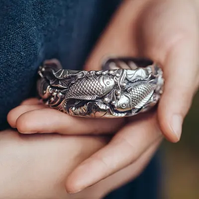 Double fish design silver bracelet, vintage style - 4