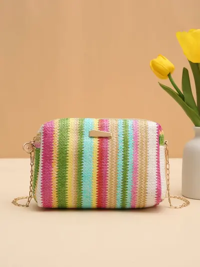 Bunte Strohtasche, Damen-Umhängetasche, Regenbogen-Design - 10