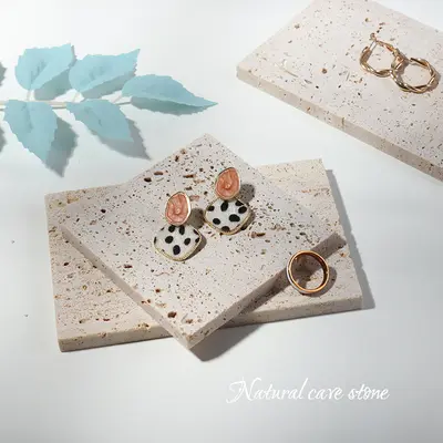 Perforated stone display stand jewelry decoration photo scene backdrop beige stone matte photograph