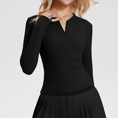 Henley-Yoga-Shirt mit langen Ärmeln aus gebürstetem Stoff