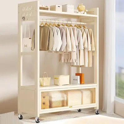 Freestanding Coat Rack with Wheels, Movable Bedroom Clothes Rack