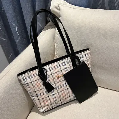 Plaid Print Tote Bag Set, 2 Pieces, Single Shoulder Strap - 5