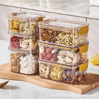 6-Compartment Storage Box Sealed Jar with LOGO, Six-Grid Grain Storage Jar, Four-Divided Soup Ingredient Jar, Compartmented Tea Storage Canister