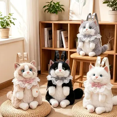 Plush Cat Doll Backpack for Kids and Girls, Realistic Stuffed Animal Decoration - 3