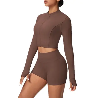 Solid Color Two-Piece Short Jacket Set, Tight-Fit Yoga and Running Wear - 6