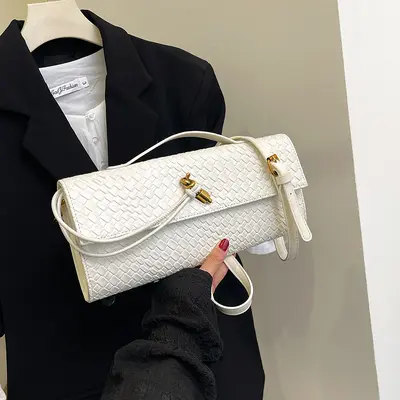 Örgü Baget Çanta, Retro Tasarım, Yumuşak Deri, Tek Omuz ve Çapraz Askılı - 7