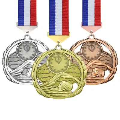 Schwimmwettkampf-Ehrenmedaille 123, Zinklegierung, antik vergoldet mit Band